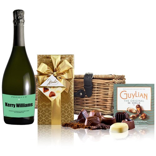 Personalised Prosecco - Green Label And Chocolates Hamper